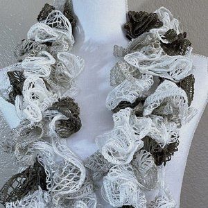 White, black & Silver Ruffle Woven Knitted Scarf Adult size 6' + length